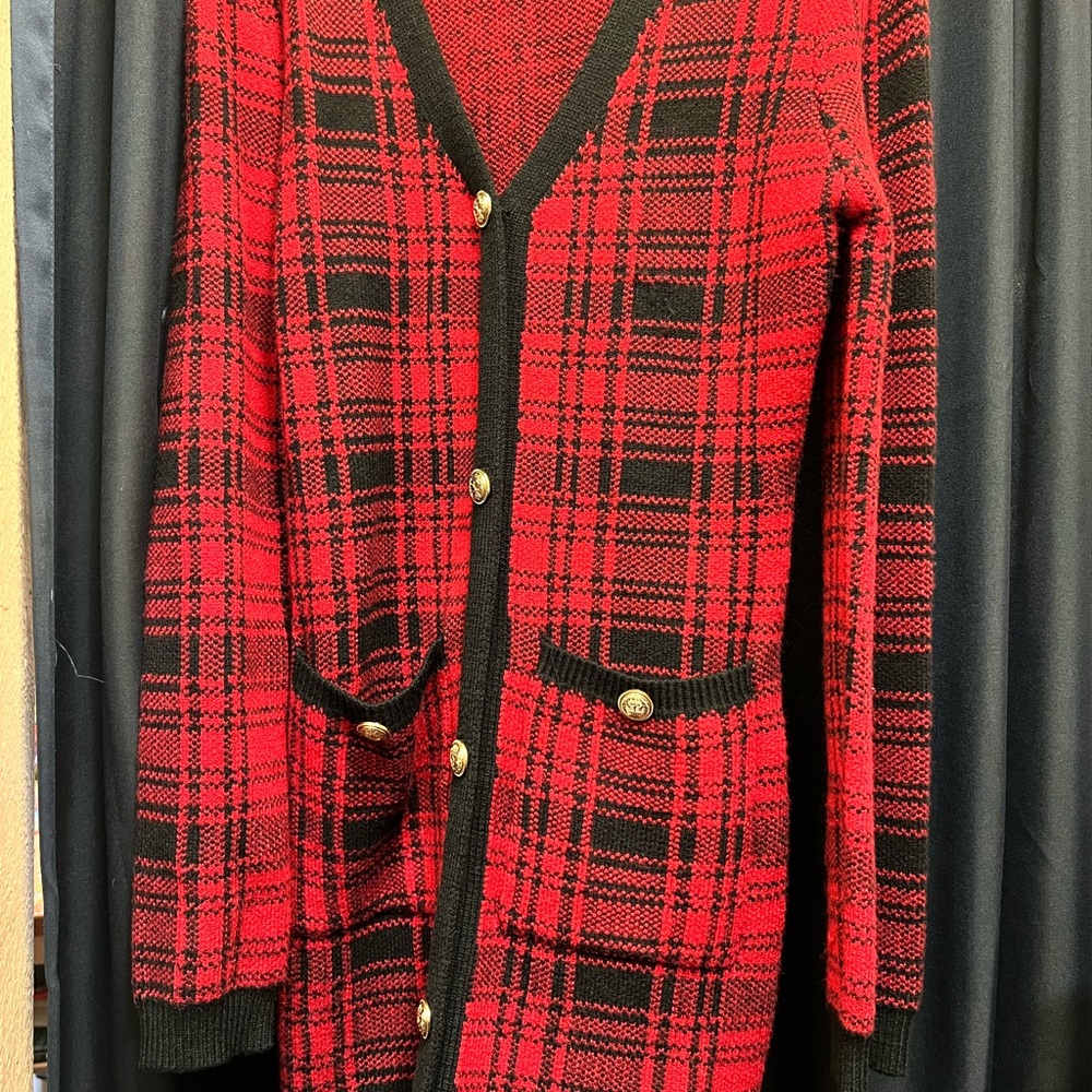 Red and Black Plaid Cardigan Dress with Gold Buttons